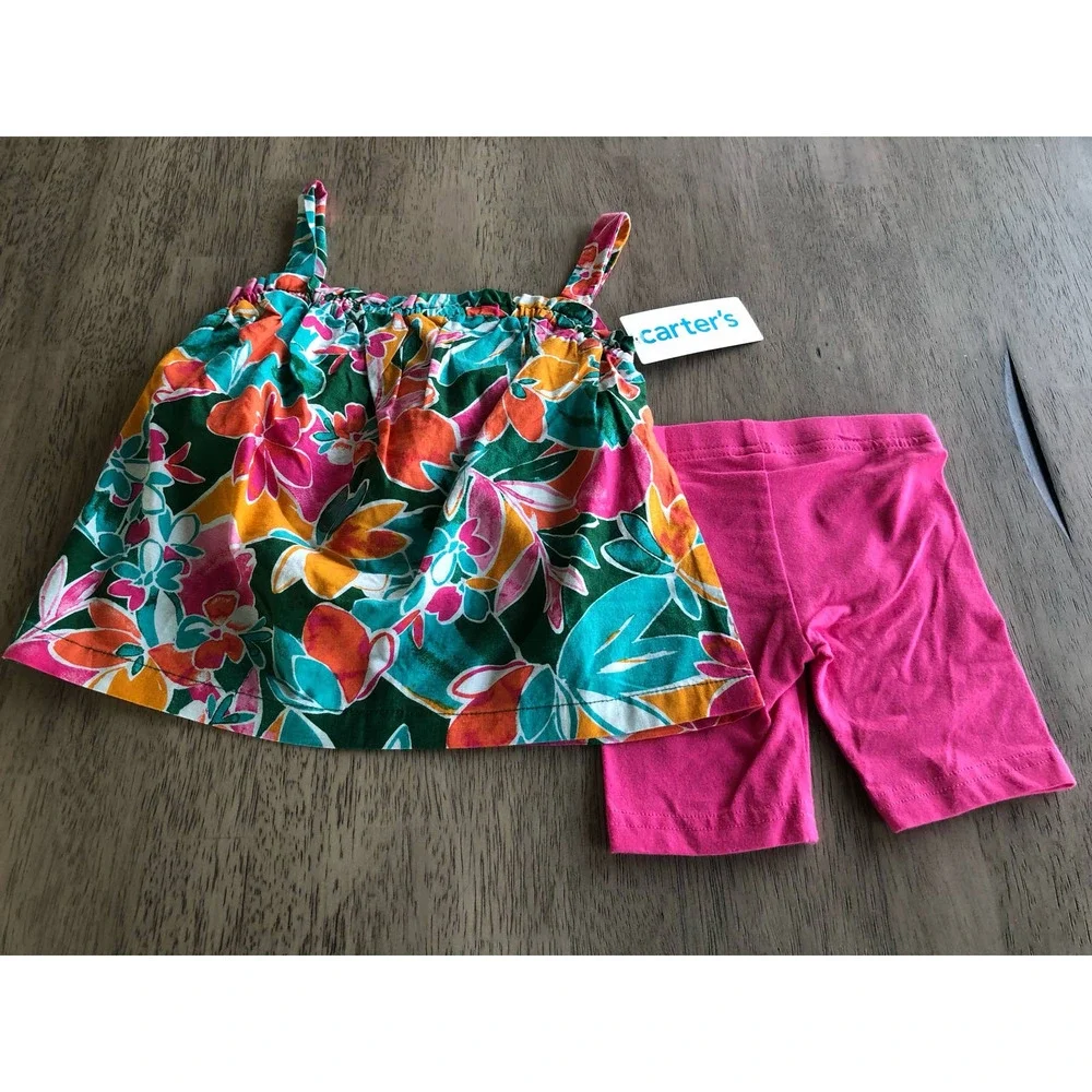 Carters Two Piece Tropical Print Top and Pink Shorts - 24M
